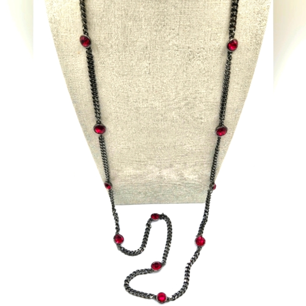 GIVENCHY Vintage Gunmetal Chain Long Necklace Ruby Round Stones
